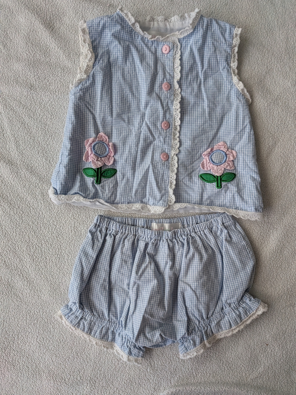 Cecil & Lou Girls Blue Gingham Two-Piece Outfit with Pink Flower Appliqués 9M